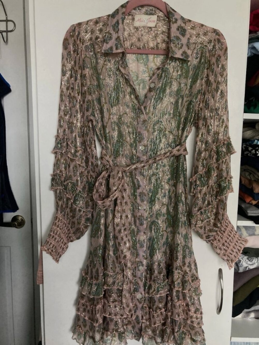MISS JUNE Dust Pink Gold Paisley Dress Boho Long Sleeve Ruffle Flowy Small